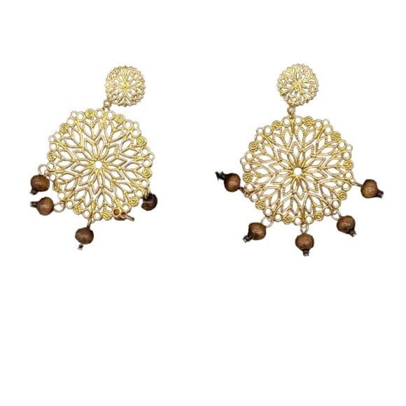 Gold Filigree Statement Earrings with Bead Drops - Picture 6 of 7